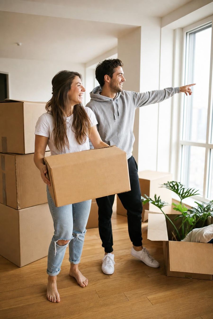 Un couple qui emménage dans son nouveau logement, boîtes de déménagement au sol